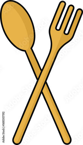 Wooden spoon and fork crossed vector illustration for culinary and food design projects