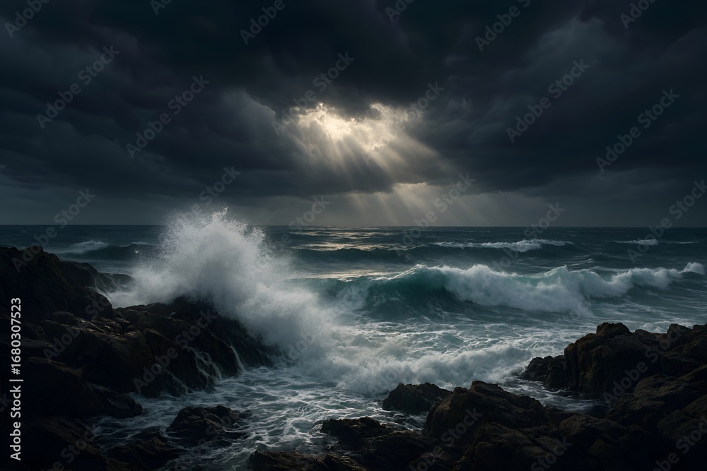 Obraz premium Dramatic stormy seascape with crashing ocean waves, jagged coastal rocks, dark swirling clouds, and sunlight breaking through sky showcasing power of nature