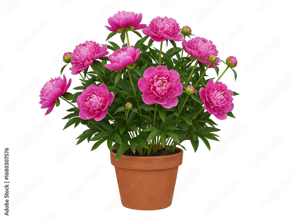 Obraz premium Vibrant pink peony flowers bloom abundantly in a terracotta pot transparent background