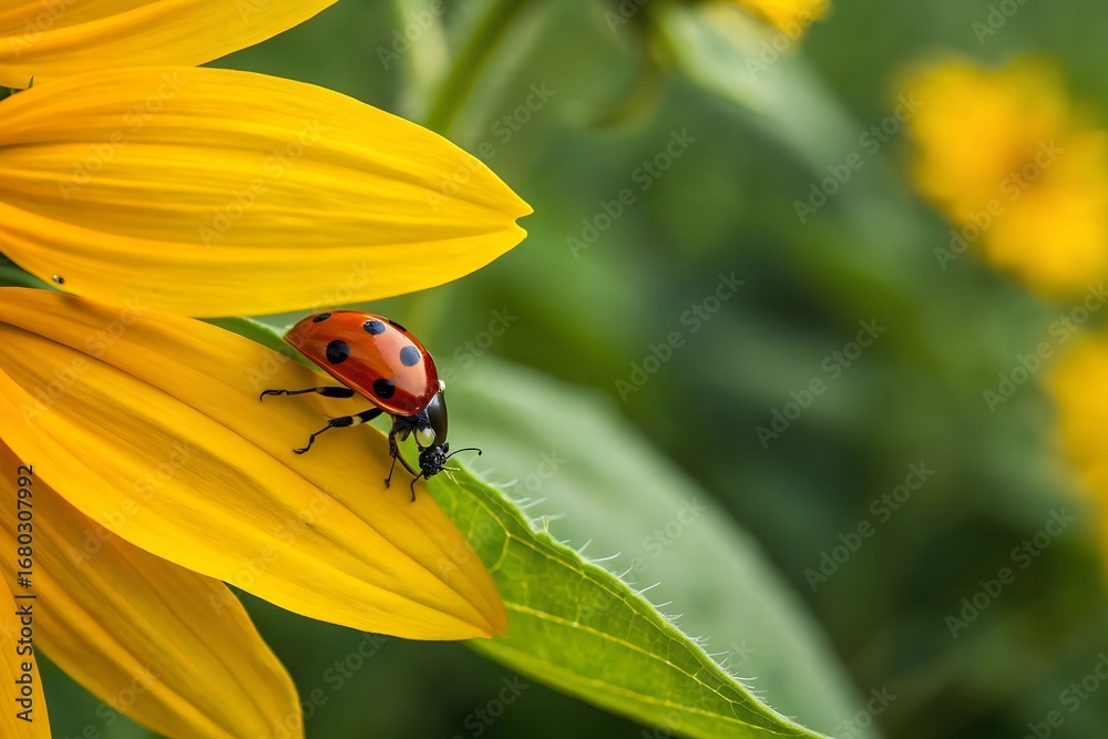 Fototapeta premium ladybug crawling on a bright yellow sunflower petal