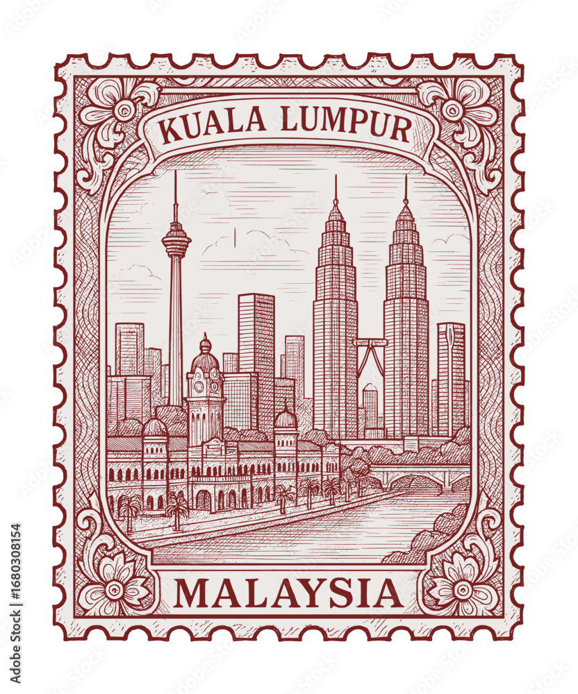 Obraz premium vintage postage stamp depicts kuala lumpur city - malaysia (sketch drawing)