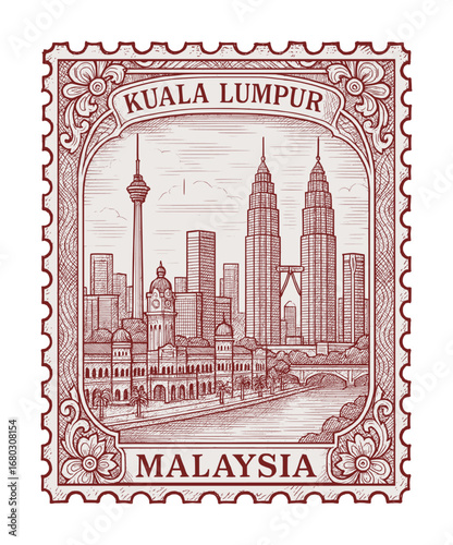 vintage postage stamp depicts kuala lumpur city - malaysia (sketch drawing)