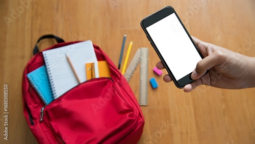 A hand holding a smartphone with a blank screen next to a red backpack filled with school supplies.