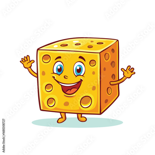Cartoon illustration of a smiling cheese block with arms and legs, waving hello.