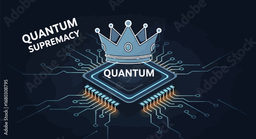 A crown rests on a glowing quantum computer chip, symbolizing the concept of quantum supremacy.