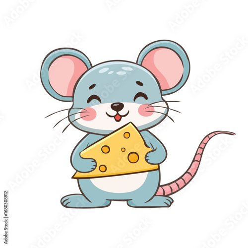 Cute cartoon mouse holding a triangular piece of cheese, smiling happily.