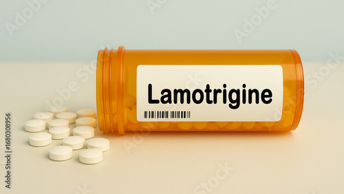 Box of LAMOTRIGINE tablets on a hospital pharmacy table used to prevent seizures and stabilize mood an anticonvulsant.