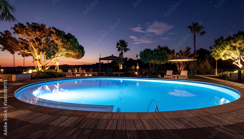 Fototapeta premium Uncanny glowing swimming pool at midnight