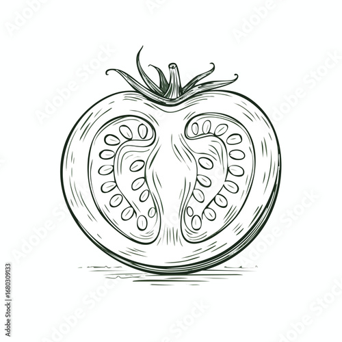 Black and white illustration of a tomato cut in half, showing seeds and details.