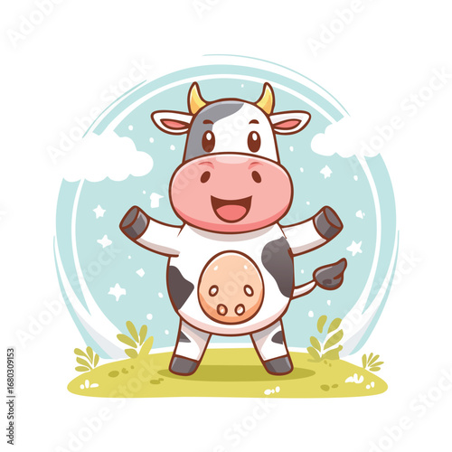 Cartoon illustration of a happy cow with open arms, standing on grass, with a blue background.