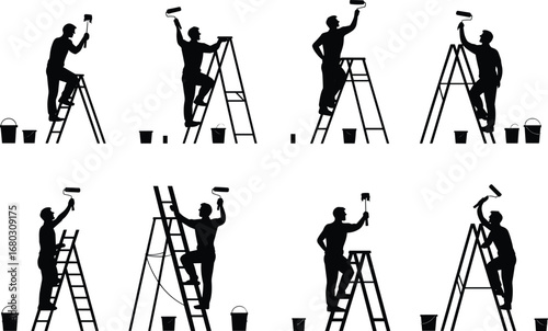 Wall painting worker, ladder painter silhouette, home renovation, paint roller, interior design, house improvement, construction work, DIY project, flat vector illustration