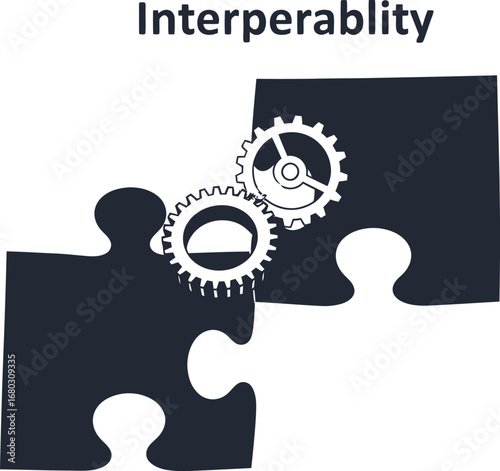 A conceptual illustration of interoperability showing two puzzle pieces joined by interlocking gears.