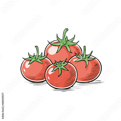 Illustration of four ripe tomatoes with green stems, arranged in a small group.