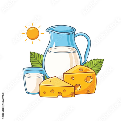 Illustration of dairy products, including milk in a pitcher and glass, and cheese.
