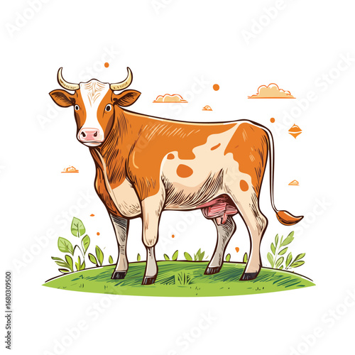 Illustration of a brown and white cow standing on green grass with a few clouds in the background.