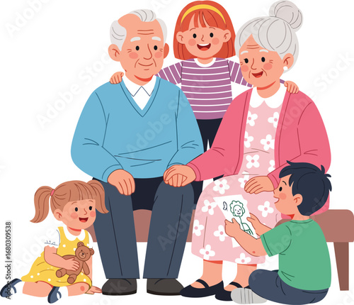 Happy Senior Couple and Their Grandchildren