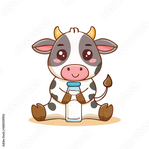 Cute cartoon cow sitting and holding a bottle of milk, smiling happily.