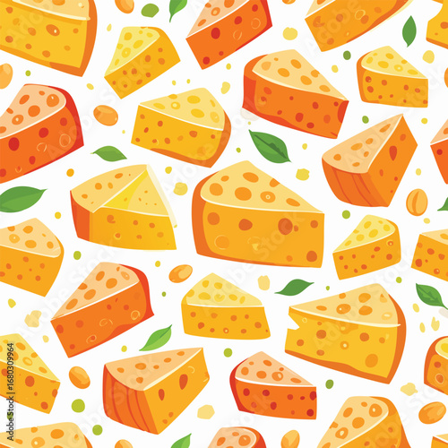 A vibrant and appetizing pattern featuring various cheese wedges and scattered green leaves.