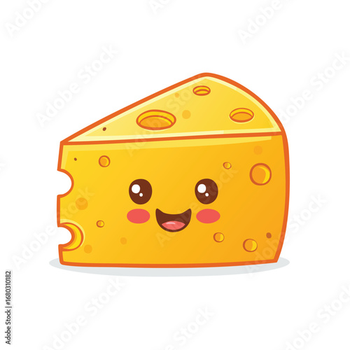 A cheerful cartoon illustration of a wedge of cheese with a smiling face and holes.