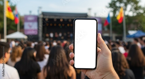 Person holds smartphone with blank screen at outdoor concert.