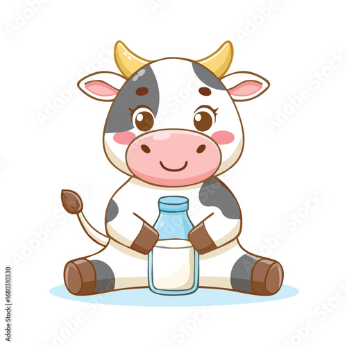 Cute cartoon cow sitting and holding a bottle of milk, smiling happily.