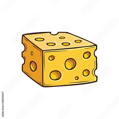 Cartoon illustration of a yellow cheese block with holes, perfect for culinary projects.