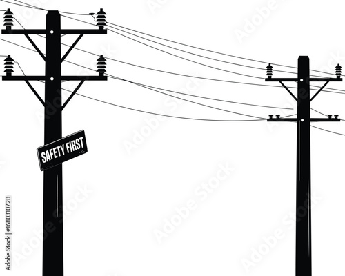 Utility pole silhouette, power lines, electrical infrastructure, safety first sign, high voltage, energy distribution, transmission tower, industrial structure, electricity network