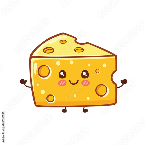 A cute cartoon illustration of a cheese wedge with a smiling face, arms, and legs.