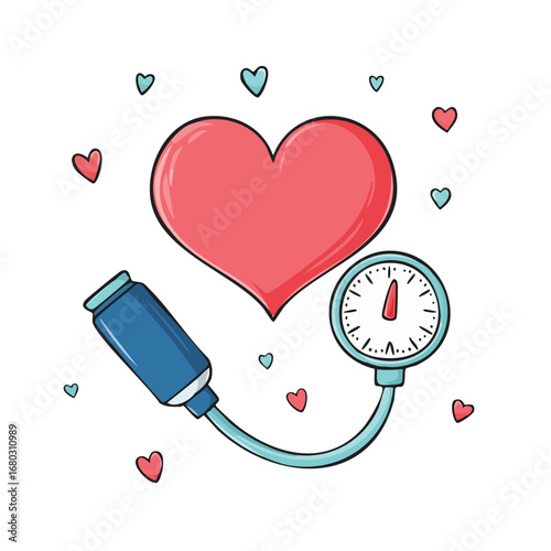 Illustration of a heart with a blood pressure monitor, surrounded by small hearts.