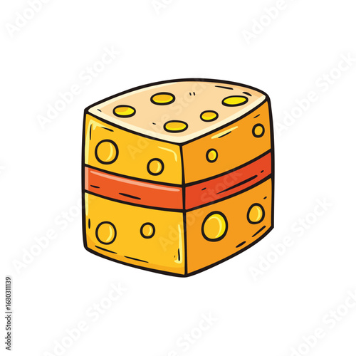 Cartoon illustration of a square cheese block with holes and a red layer in the middle.