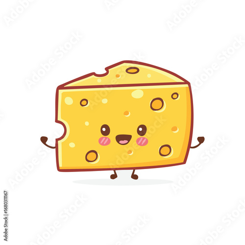 A cute cartoon illustration of a wedge of cheese with a smiling face and small arms and legs.