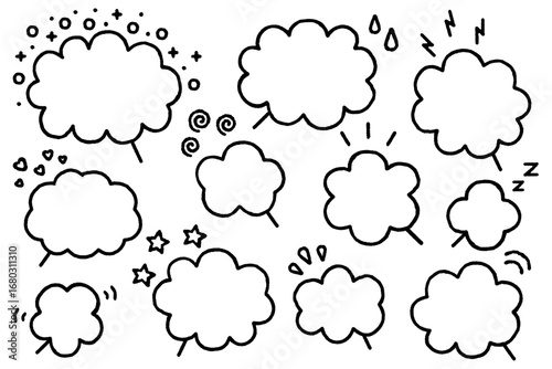 雲形の吹き出しやフレームの白黒イラストセットです