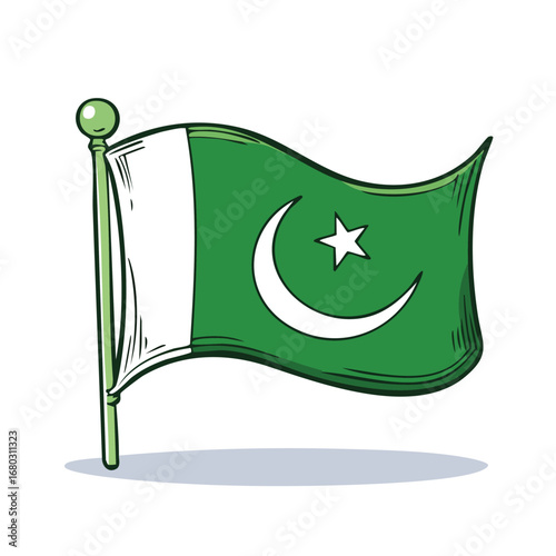 Hand-drawn illustration of the national flag of Pakistan, waving in the wind on a pole.