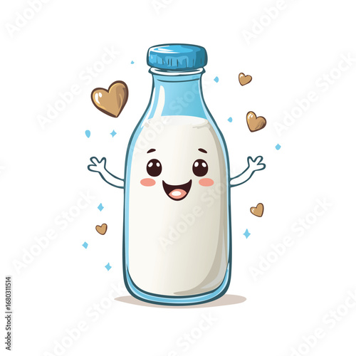 A cute cartoon illustration of a milk bottle with a happy face and arms, surrounded by hearts.