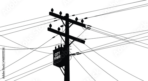 Utility pole silhouette, city power, electrical transformer, power lines, urban infrastructure, high voltage, energy distribution, electricity network, industrial structure, flat vector illustration