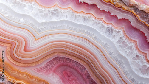 A detailed macro shot of a bright and colorful agate, with layers ranging from deep fuchsia to soft pink and creamy white