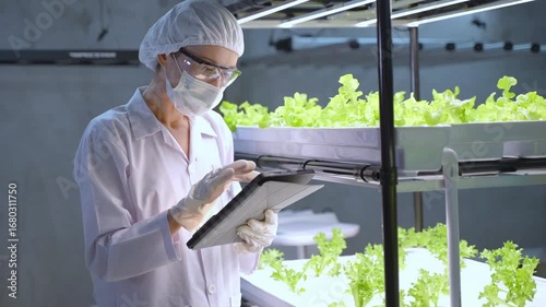 A female scientist in protective gear using digital tablet to examine lettuce plants in a high-tech indoor hydroponic farm.