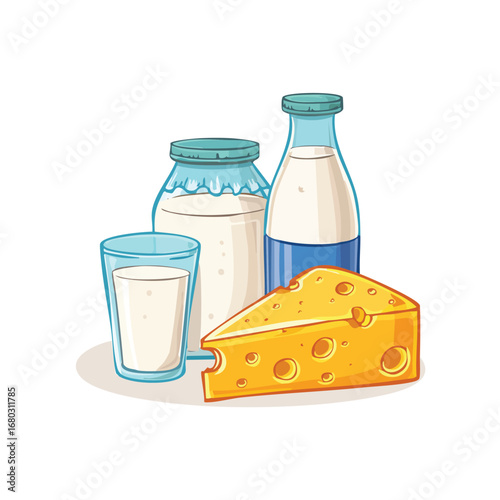 Illustration of dairy products, including milk in a glass and bottles, and a cheese wedge.