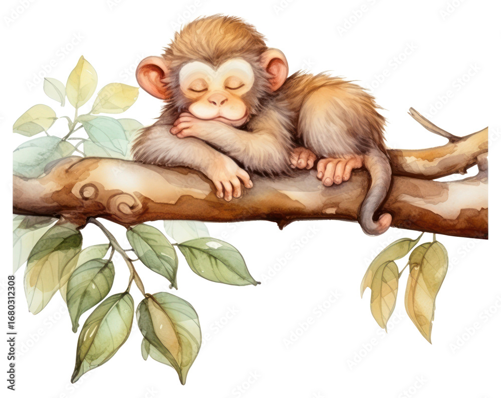 Obraz premium PNG Watercolor monkey sleeping animal wildlife cartoon.
