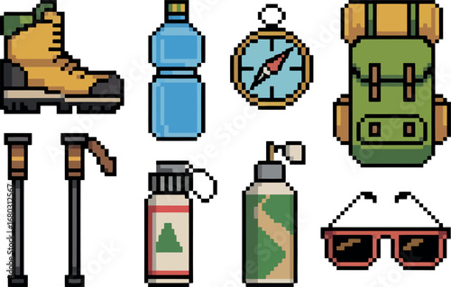 This pixel art collection displays a range of essential hiking and camping gear, including a boot, water bottle, compass, backpack, trekking poles, flask, fuel canister, and sunglasses.