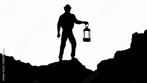 Silhouette of a man with hat holding a lantern standing atop a rocky hill against a white background