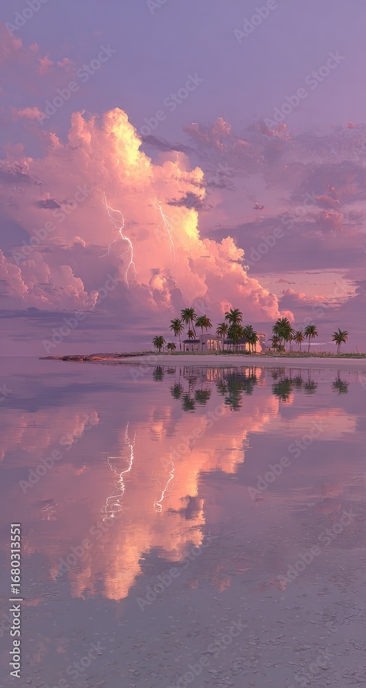 Obraz premium Serene island sunset with lightning reflection