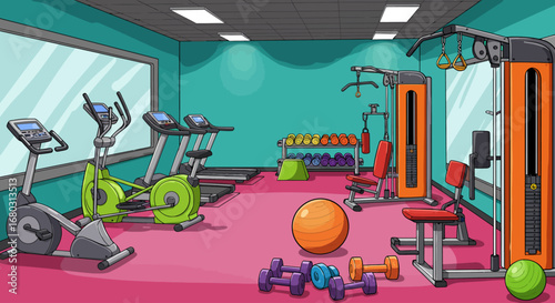 Cartoon vector illustration of a gym interior with bright-colored exercise machines