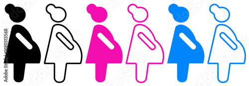 Vector illustration of six stylized pregnant woman icons in black, pink, and blue, outlined and filled. Ideal for maternity, health, or medical design.