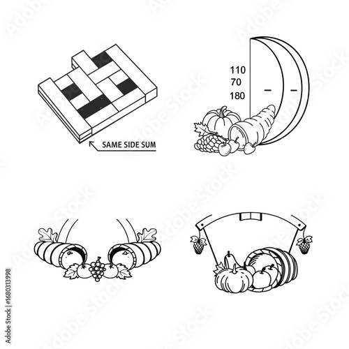 Co interior or consecutive interior angles along transversal with parallel cornucopia horns, fruits positioned on same side summing one hundred eighty degrees, educational geometry harvest vector.