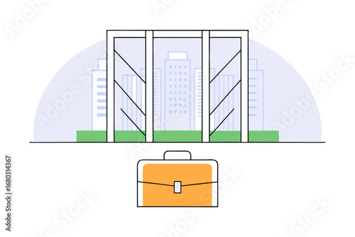 Modern business architecture with futuristic elements and briefcase symbolizing global travel and opportunity