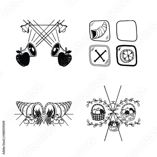 Corresponding angles across parallel lines with transversal shown as cornucopia vines, matching fruit pairs in equal relative positions, flat vector educational diagram for mathematics poster.