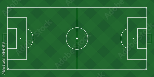 Soccer field vector illustration. Green grass pitch with white lines, goals, and corner markings for football games and competitions.