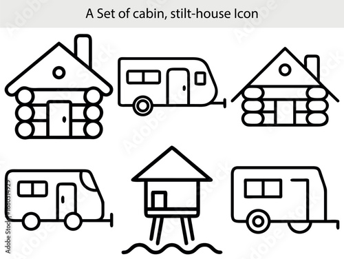 Rustic cabin caravan stilt house icons camping
