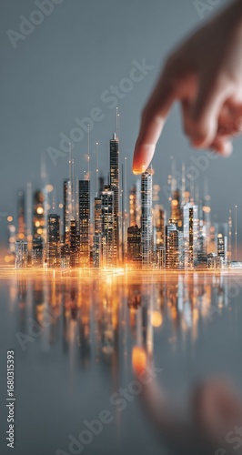 Fingertip interacts with a miniature, illuminated cityscape reflecting on a surface